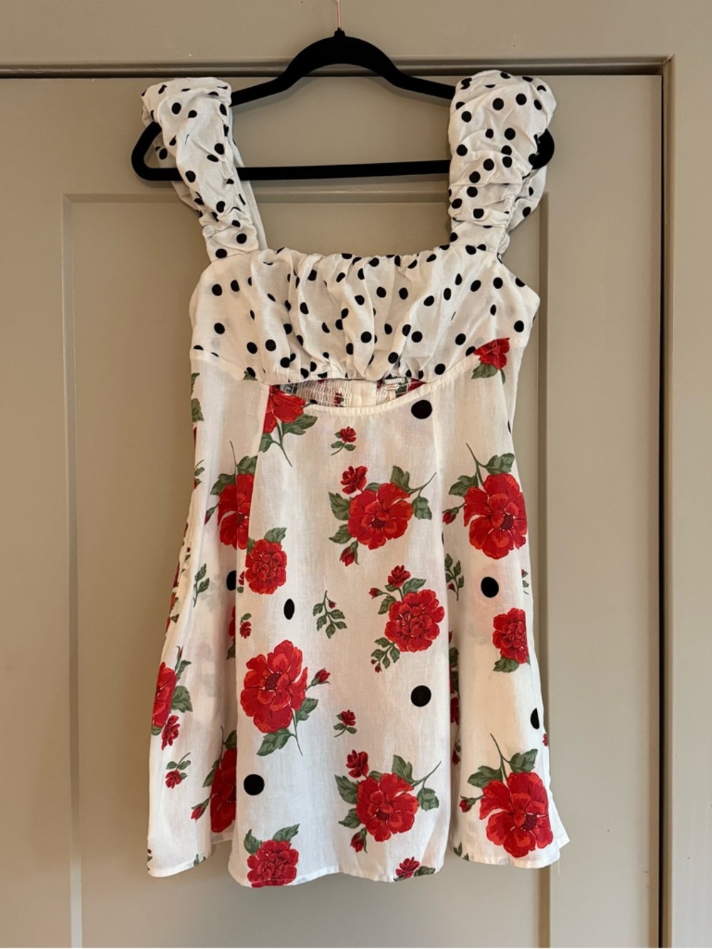 Free People White Mini Dress with Red Rose Print and Black Polka Dots